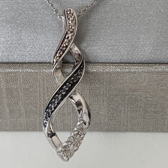 New Black & White Diamond Accent Twist Flame Pendant & Chain in Sterling Silver - Picture 4 of 7